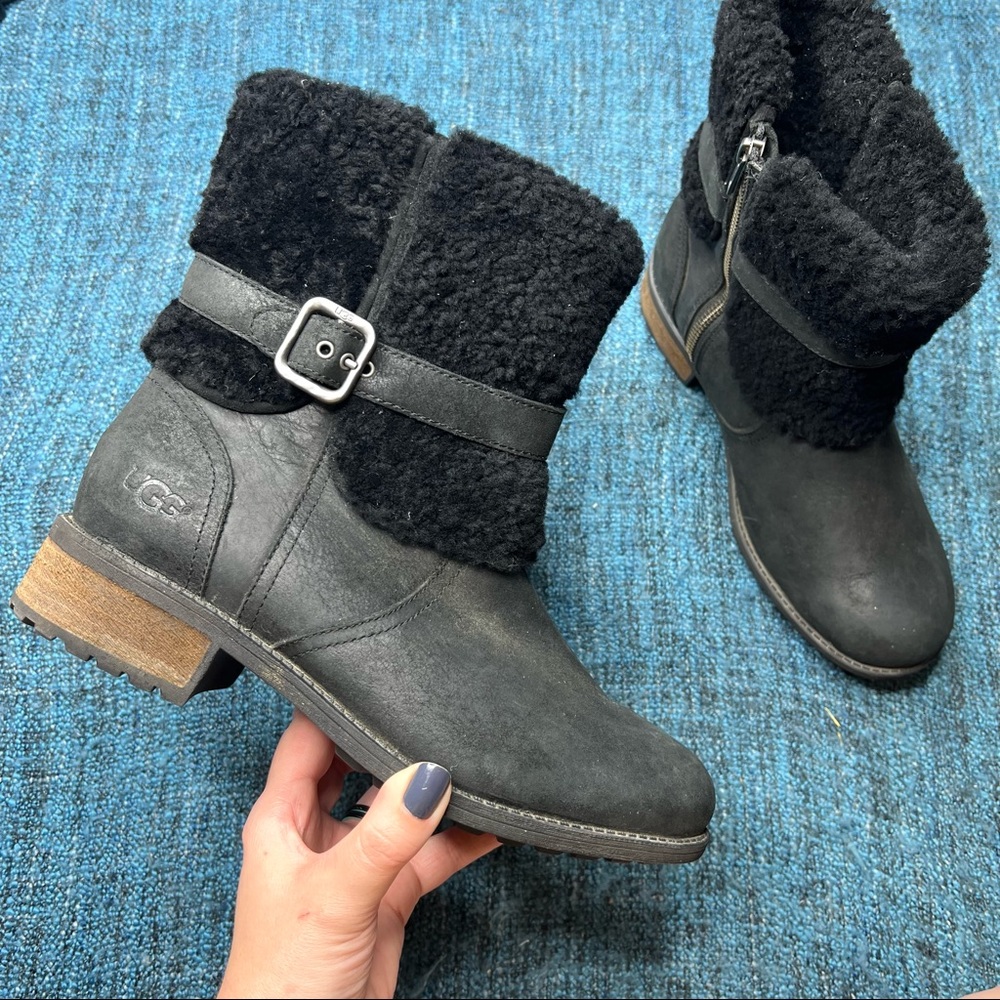 UGG Blayre 11 Water Resistant Boots in Black Leather Shearling Lined